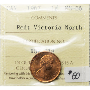 SOLD Canada 1967 1 Small Cent Coin - ICCS MS-66 Red Ex. Victoria North