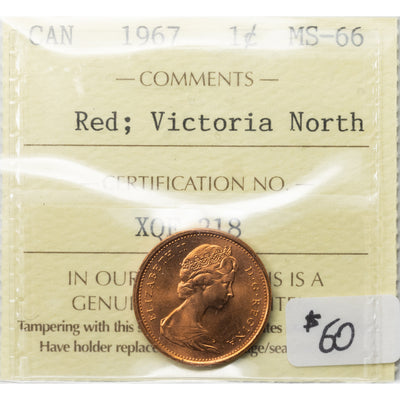 SOLD Canada 1967 1 Small Cent Coin - ICCS MS-66 Red Ex. Victoria North