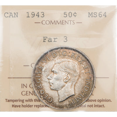 Canada 1943 Far 3 50 Cents Half Dollar Silver Coin - ICCS MS-64