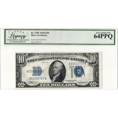 SOLD United States 1934 $10 Ten Dollars Silver Certificate Note Fr. 1701 - Legacy Ch UNC-64 PPQ