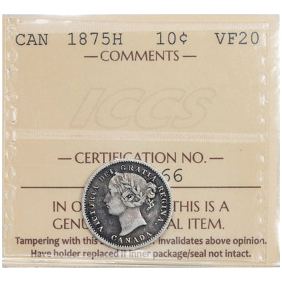 Canada 1875-H 10 Cents Dime Silver Coin - ICCS VF-20