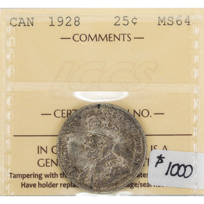 SOLD Canada 1928 25 Cents Quarter Silver Coin - ICCS MS-64