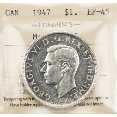 SOLD Canada 1947 Maple Leaf $1 Silver Dollar Coin - ICCS EF-45