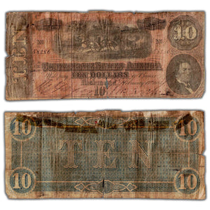 SOLD United States 1864 $10 Confederate States Note - Heavily Damaged Many Issues