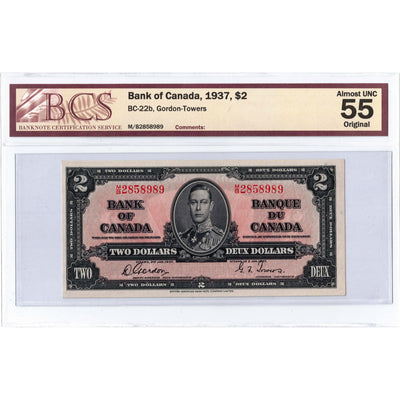SOLD $2 1937 Bank of Canada Note Gordon-Towers M/B Prefix BC-22b - BCS AU-55