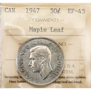 SOLD Canada 1947 Maple Leaf 50 Cents Half Dollar Silver Coin - ICCS EF-45