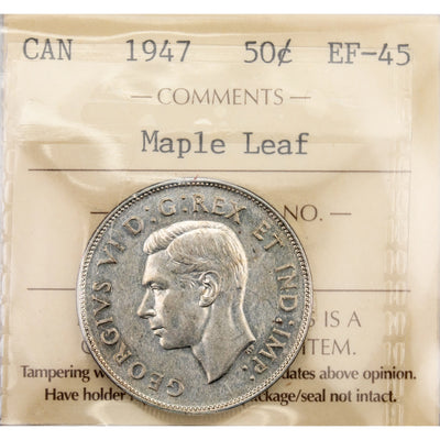 SOLD Canada 1947 Maple Leaf 50 Cents Half Dollar Silver Coin - ICCS EF-45