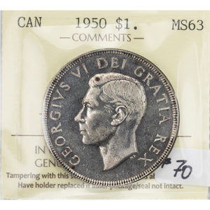 SOLD Canada 1950 $1 Silver Dollar Coin - ICCS MS-63