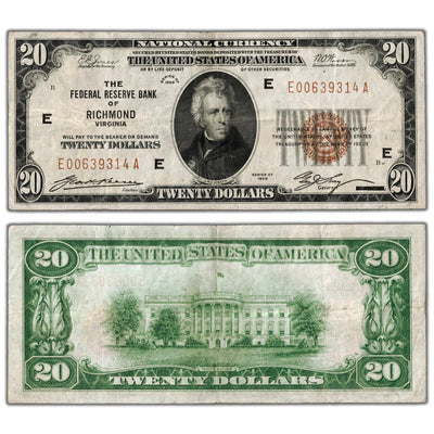 United States 1929 $20 Richmond, VA National Currency Note - VF/EF