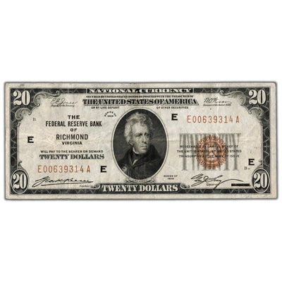 United States 1929 $20 Richmond, VA National Currency Note - VF/EF