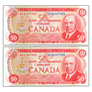 SOLD $50 1975 Bank of Canada Notes EFA Prefix BC-51b - Two Consecutive AU