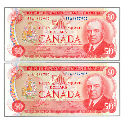 SOLD $50 1975 Bank of Canada Notes EFA Prefix BC-51b - Two Consecutive AU