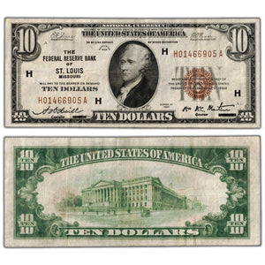 United States 1929 $10 St. Louis, MO National Currency Note - VF