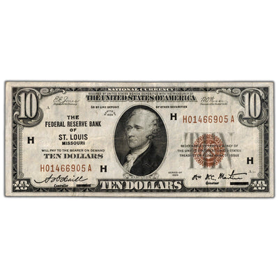 United States 1929 $10 St. Louis, MO National Currency Note - VF