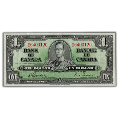 $1 1937 Bank of Canada Note Gordon-Towers W/A Prefix BC-21c - EF/AU