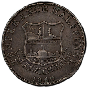 SOLD Great Britain 1840 Temperance 1/2 Half Penny Token - Bent/Rim Nicks