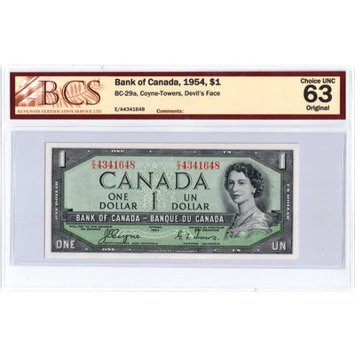 SOLD $1 1954 Bank of Canada Note Devil Face E/A Prefix BC-29a - BCS Ch UNC-63