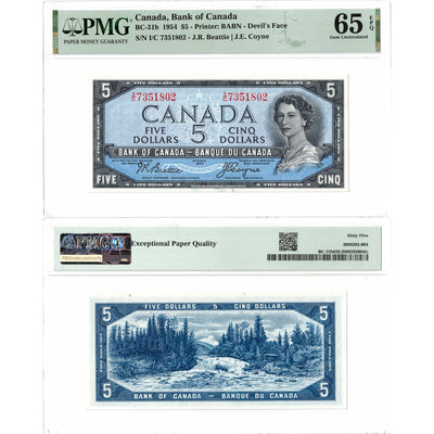SOLD $5 1954 Bank of Canada Note Devil Face I/C Prefix BC-31b - PMG Gem UNC-65 EPQ
