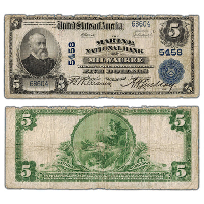 SOLD United States 1902 $5 Marine National Bank of Milwaukee, WI Note #5458 - Damaged Edge