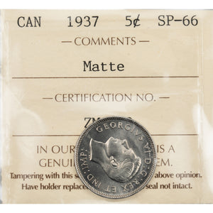 SOLD Canada 1937 5 Cents Nickel Coin - ICCS Matte Specimen SP-66