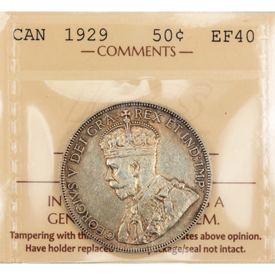 SOLD Canada 1929 50 Cents Half Dollar Silver Coin - ICCS EF-40