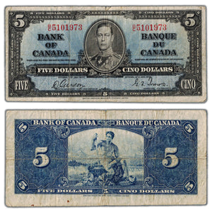 SOLD $5 1937 Bank of Canada Note Gordon-Towers B/C Prefix BC-23b - VG/F