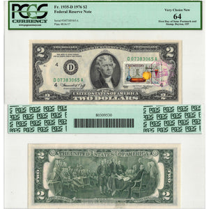 SOLD United States 1976 $2 Note Cleveland Fr. 1935-D - PCGS UNC-64 First Day of Issue Stamp