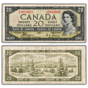 SOLD $20 1954 Bank of Canada Note Devil Face A/E Prefix BC-33a - Writing