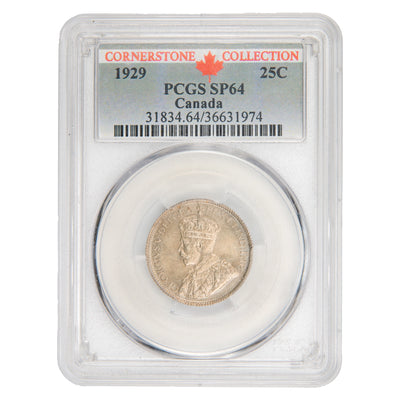 Canada 1929 25 Cents Quarter Specimen Silver Coin - PCGS SP-64 - Ex. Cornerstone