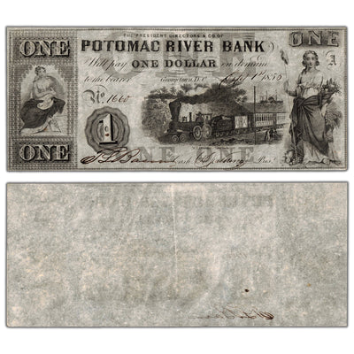 SOLD United States 1855 Potomac River Bank $1 One Dollar Obsolete Note - About EF