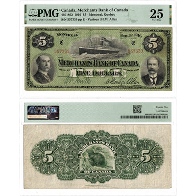 $5 1916 Merchants Bank of Canada Chartered Note #460-18-02 - PMG VF-25