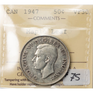 SOLD Canada 1947 ML Maple Leaf 50 Cents Half Dollar Silver Coin - ICCS VF-30