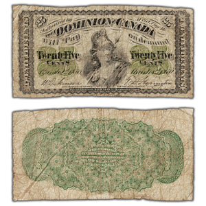 25 Cents 1870 Dominion of Canada Shinplaster Note Plain DC-1c - Minor Pinholes