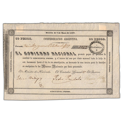 SOLD Argentina Confederacion 1857 50 Pesos Note - Previously Mounted