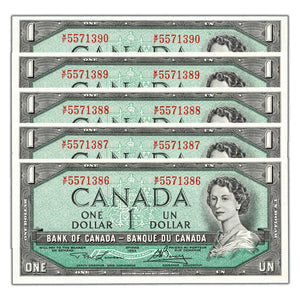 SOLD $1 1954 Bank of Canada Notes W/F Prefix BC-37d - 5 Consecutive Choice Uncirculated