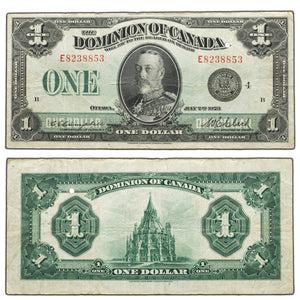 SOLD $1 1923 Dominion of Canada Note Black Seal Series E DC-25o - VF (hole)