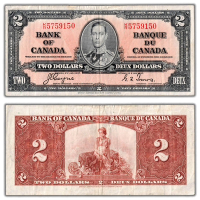 $2 1937 Bank of Canada Note Coyne-Towers K/R Prefix BC-22c - VF