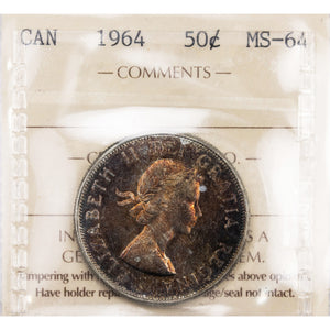 SOLD Canada 1964 50 Cents Half Dollar Silver Coin - ICCS MS-64