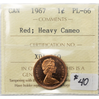 SOLD Canada 1967 1 Small Cent Coin - ICCS PL-66 Red Heavy Cameo