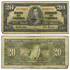 SOLD $20 1937 Bank of Canada Note Gordon-Towers B/E Prefix BC-25b - Circulated