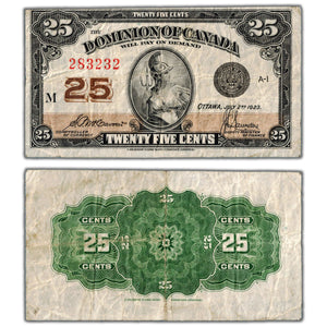 SOLD 25 Cents 1923 Dominion of Canada Shinplaster Note DC-24c - F/VF