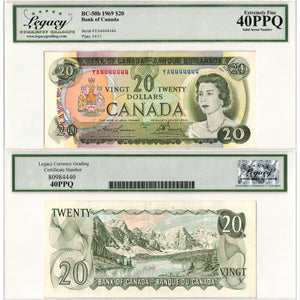 SOLD $20 1969 Bank of Canada Note YA Prefix Solid Serial 4444444 BC-50b - Legacy EF-40 PPQ