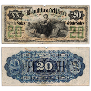 Peru 1879 20 Twenty Soles Note P #7a - Missing Small Piece