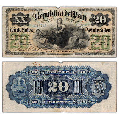 Peru 1879 20 Twenty Soles Note P #7a - Missing Small Piece