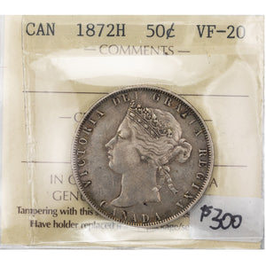 SOLD Canada 1872-H 50 Cents Half Dollar Silver Coin - ICCS VF-20