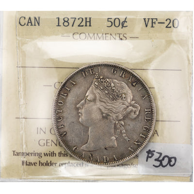 SOLD Canada 1872-H 50 Cents Half Dollar Silver Coin - ICCS VF-20