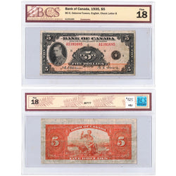 $5 1935 Bank of Canada Note English Text BC-5 - BCS F-18