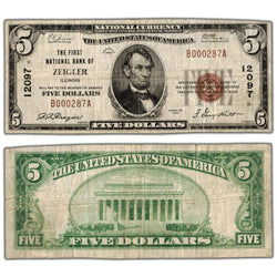 SOLD United States 1929 $5 National Bank of Zeigler Note #12097 - Lightly Trimmed