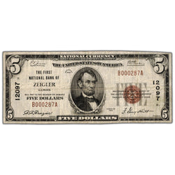 SOLD United States 1929 $5 National Bank of Zeigler Note #12097 - Lightly Trimmed
