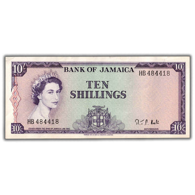 SOLD Jamaica N.D (1964) 10 Ten Shillings Note P #51Bd - EF/AU